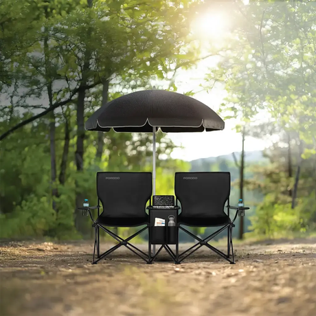 CampShade Dual Camping Chair with Umbrella & Cup Holder – Portable Outdoor Foldable Seat (Black) by Porodo | Foldable Chair | SASKA Trading