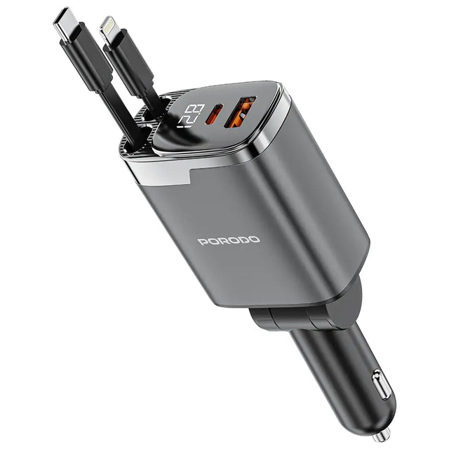 Fast Charging 111W Multi- Port Car Charger with Built-in Type-C and Lightning 80cm Retractable Cables by Porodo - saska - saska.ae
