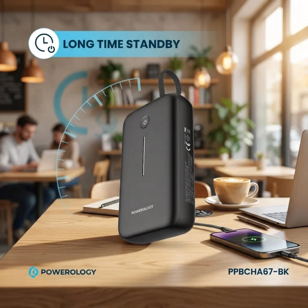 باور بانك بسعة 20000 مللي أمبير مع كابل USB-C مدمج، شحن سريع – شاحن محمول مدمج عالي السعة لثلاثة أجهزة من Powerology