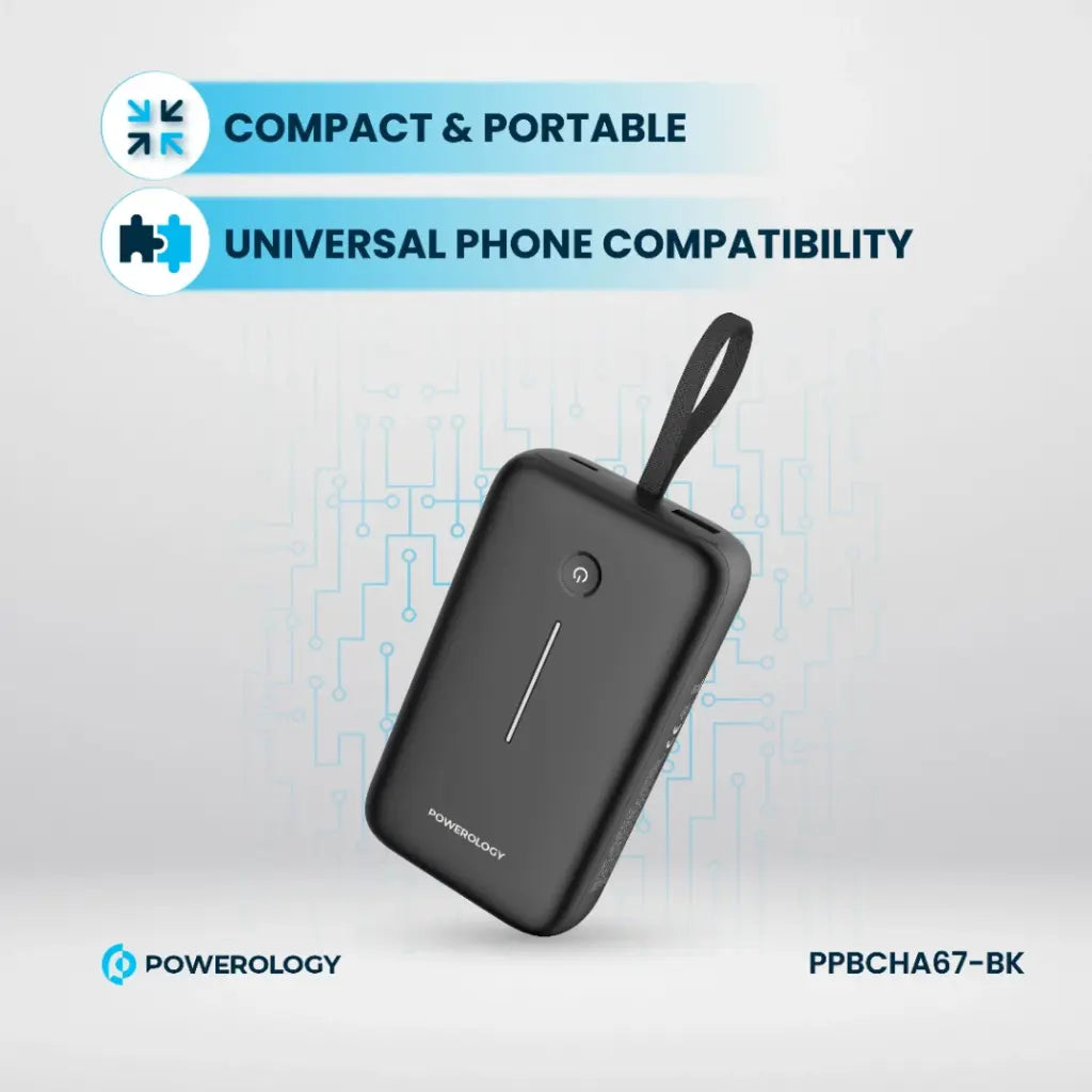 باور بانك بسعة 20000 مللي أمبير مع كابل USB-C مدمج، شحن سريع – شاحن محمول مدمج عالي السعة لثلاثة أجهزة من Powerology