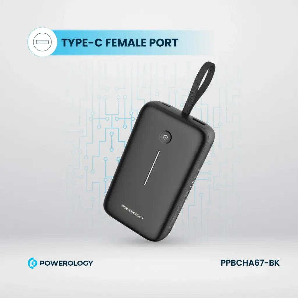 باور بانك بسعة 20000 مللي أمبير مع كابل USB-C مدمج، شحن سريع – شاحن محمول مدمج عالي السعة لثلاثة أجهزة من Powerology