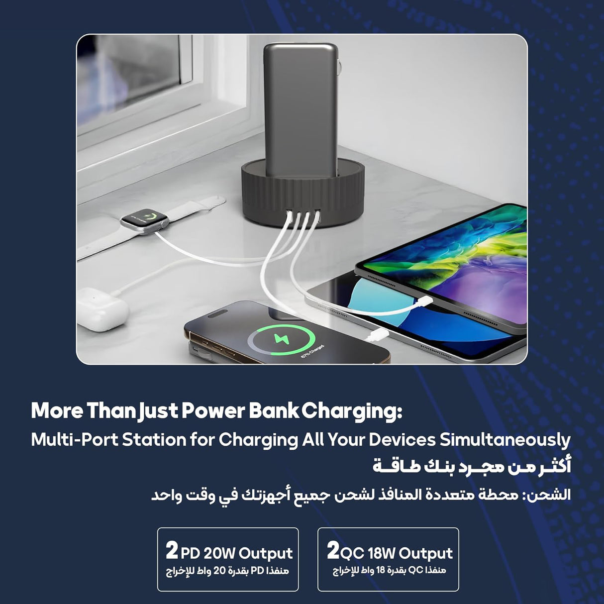 4 in 1 Wireless Power Bank Station 10000mAh*4 with Built-In Cable PD 20W and Magsafe 15W by Powerology