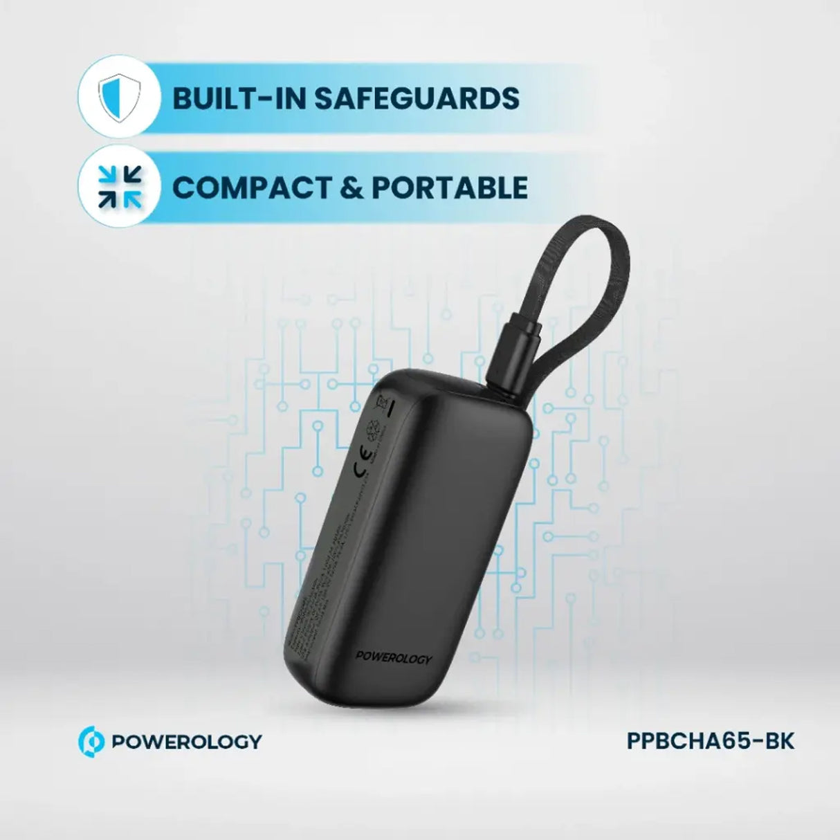 باور بنك PD بقدرة 20 واط وسعة 5000 مللي أمبير، مع USB-C وUSB-A، شحن سريع بحجم مدمج مع كابل Type-C قابل للإزالة من Powerology