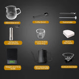 Premium 9-Piece Travel Pour Over Coffee Maker Set with 6-Gear Grinder, Digital Scale & Carry Case – 600ml Black