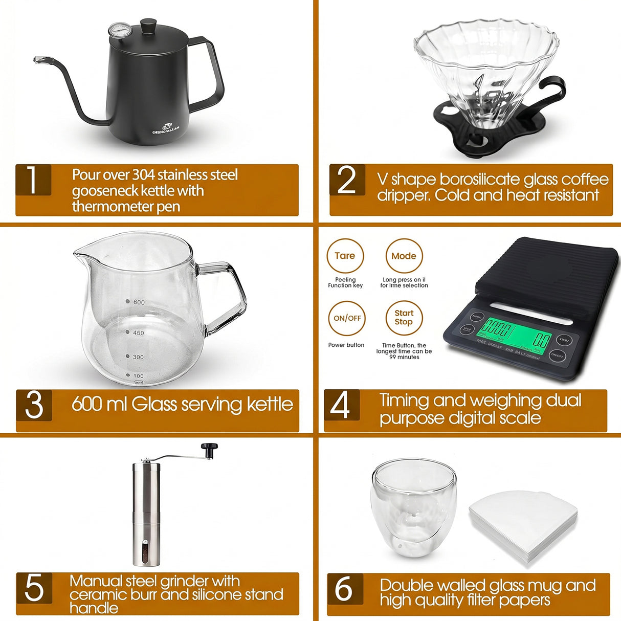 Premium 9-Piece Travel Pour Over Coffee Maker Set with 6-Gear Grinder, Digital Scale & Carry Case – 600ml Black