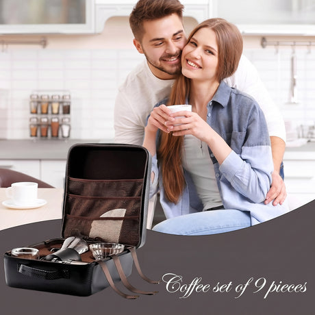 Premium 9-Piece Travel Pour Over Coffee Maker Set with 6-Gear Grinder, Digital Scale & Carry Case – 600ml Black