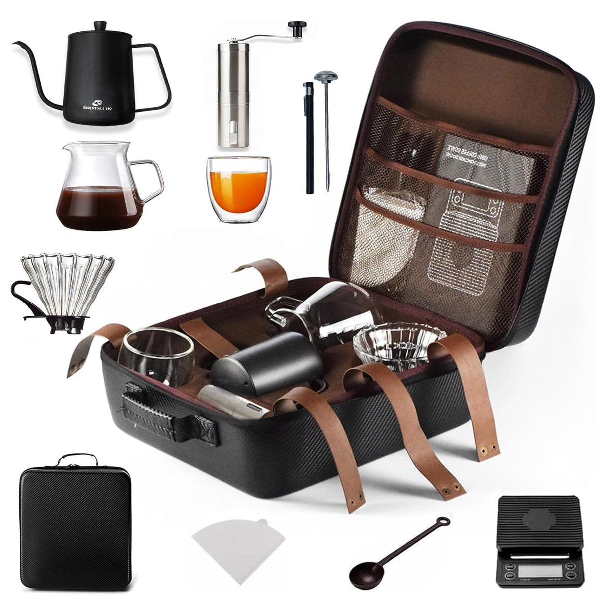 Premium 9-Piece Travel Pour Over Coffee Maker Set with 6-Gear Grinder, Digital Scale & Carry Case – 600ml Black
