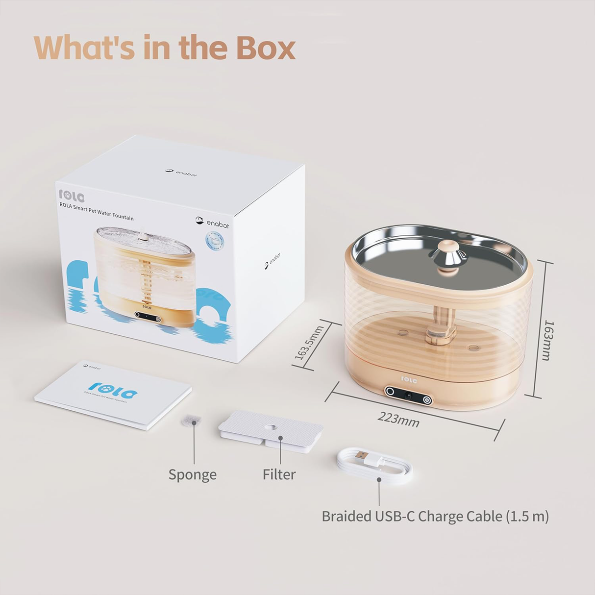 ROLA Smart Pet Water Fountain with Smart App Hydration Monitoring, Wireless Pump & 2L Filtration System - Cordless Version by Enabot