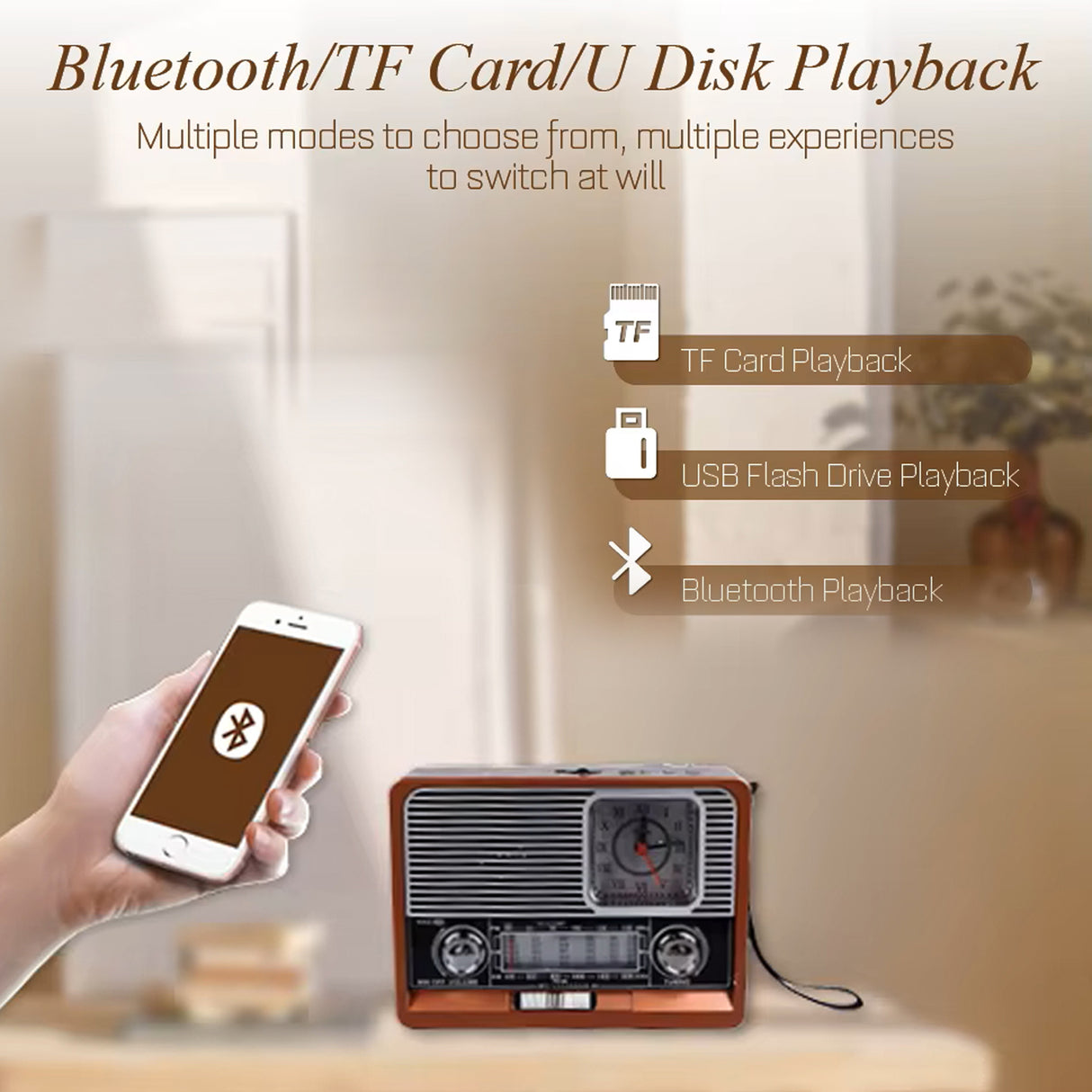 راديو سماعة بلوتوث ريترو محمول مع كشاف LED، راديو FM/AM/SW، تشغيل USB وTF، ساعة مدمجة من DENX