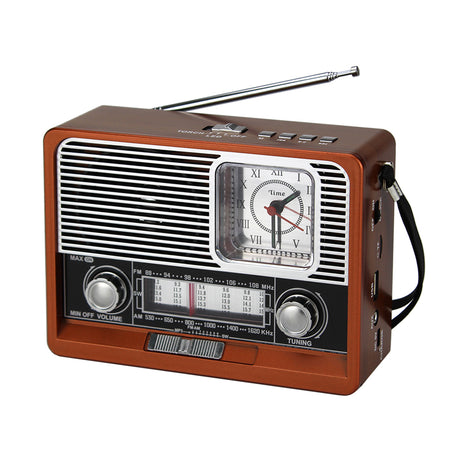 Retro Bluetooth Speaker Radio with LED Flashlight, FM/AM/SW Radio, USB & TF Card Playback, Clock Function DX718 by DENX DX718 saska - saska.ae