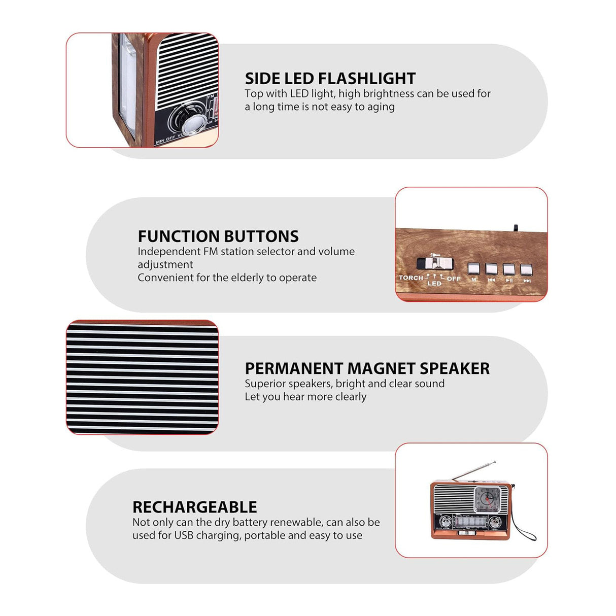 راديو سماعة بلوتوث ريترو محمول مع كشاف LED، راديو FM/AM/SW، تشغيل USB وTF، ساعة مدمجة من DENX