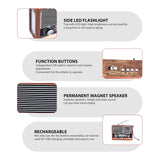 راديو سماعة بلوتوث ريترو محمول مع كشاف LED، راديو FM/AM/SW، تشغيل USB وTF، ساعة مدمجة من DENX