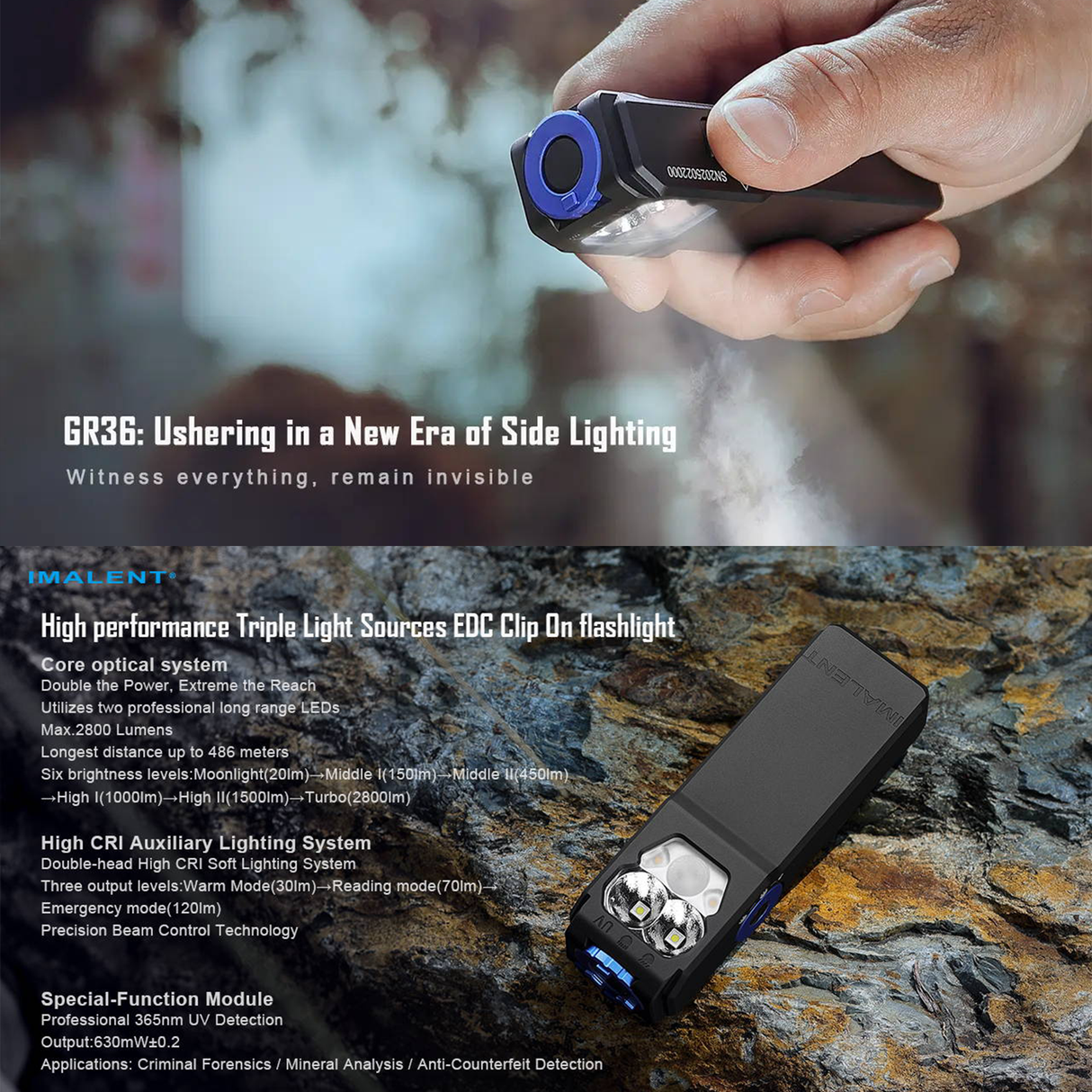 كشاف كليب احترافي 3-في-1 بقوة 2800 لومن GR36، قابل للشحن USB-C، بإضاءة بيضاء دافئة وباردة و UV، قاعدة مغناطيسية ومقاومة للماء من IMALENT