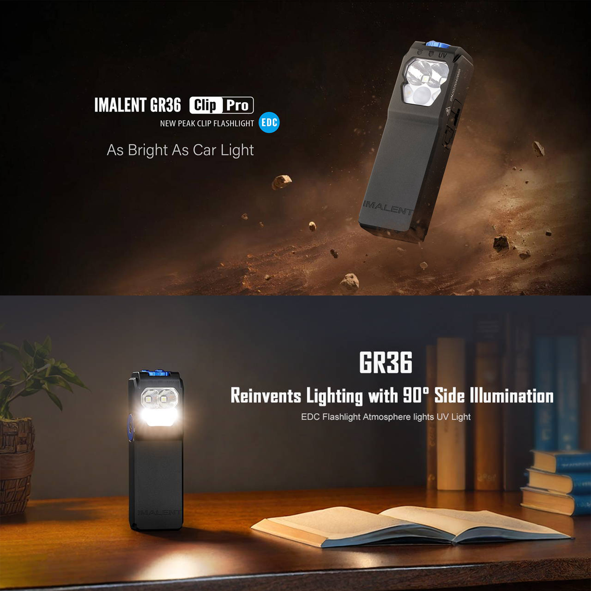 كشاف كليب احترافي 3-في-1 بقوة 2800 لومن GR36، قابل للشحن USB-C، بإضاءة بيضاء دافئة وباردة و UV، قاعدة مغناطيسية ومقاومة للماء من IMALENT