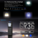 كشاف كليب احترافي 3-في-1 بقوة 2800 لومن GR36، قابل للشحن USB-C، بإضاءة بيضاء دافئة وباردة و UV، قاعدة مغناطيسية ومقاومة للماء من IMALENT