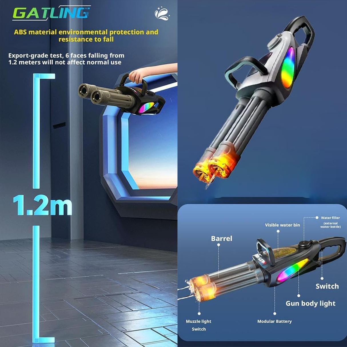 Buy Rotary Barrel Water Gun with LED Light & Modular Battery at SASKA Trading , Dubai UAE
