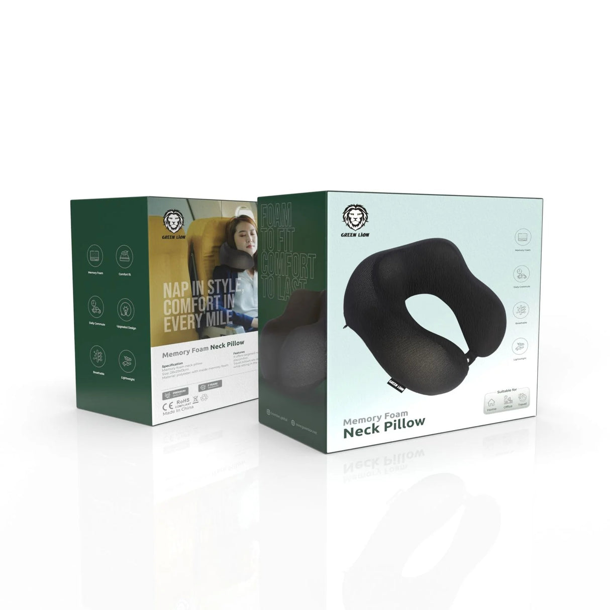 Premium Memory Foam Neck Support Pillow for Flights, Road Trips, and Home Use By Green Lion