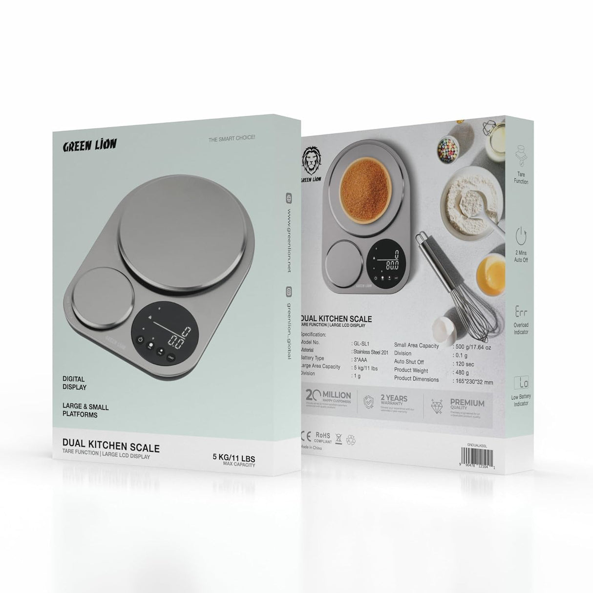 Precision Kitchen Scale, Dual Platforms 5kg & 500g, LCD Display, Silver by Green Lion