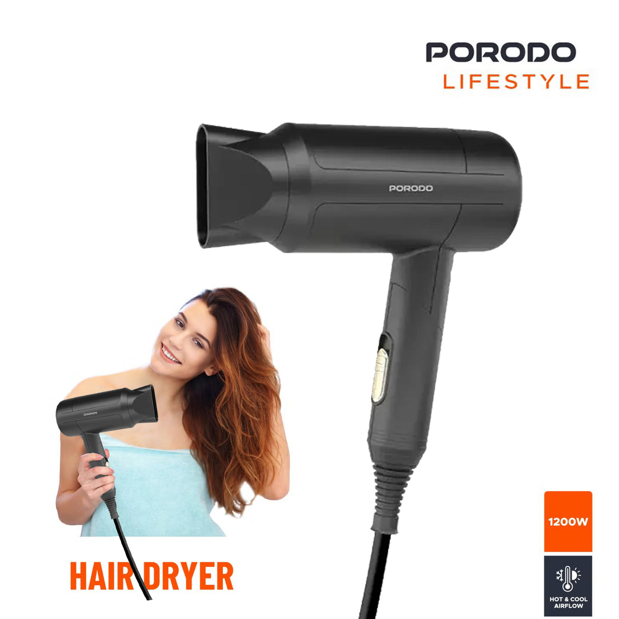 مجفف شعر قابل للطي من لايف ستايل، بقوة 1200 واط - صغير الحجم وسهل الحمل - 3 إعدادات حرارة من Porodo