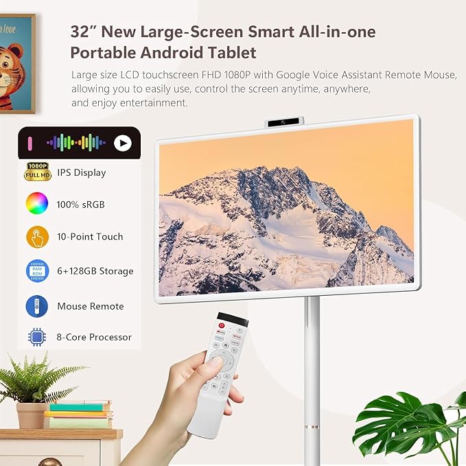 32-Inch Portable Smart TV on Wheels – 1080P Touchscreen Display, Android 15, 8GB RAM + 128GB Storage, Built-in Webcam and Speakers