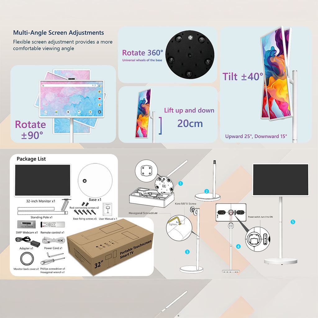 32-Inch Portable Smart TV on Wheels – 1080P Touchscreen Display, Android 15, 8GB RAM + 128GB Storage, Built-in Webcam and Speakers