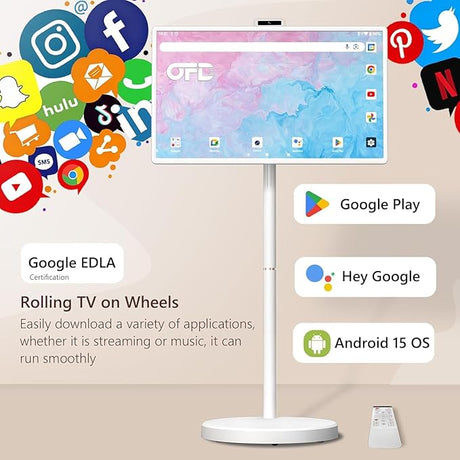 تلفزون ذكي محمول بقياس 32 بوصة على عجلات – شاشة لمس 1080 بكسل، أندرويد 15، 8 جيجابايت رام + 128 جيجابايت تخزين، كاميرا ومكبرات صوت مدمجة