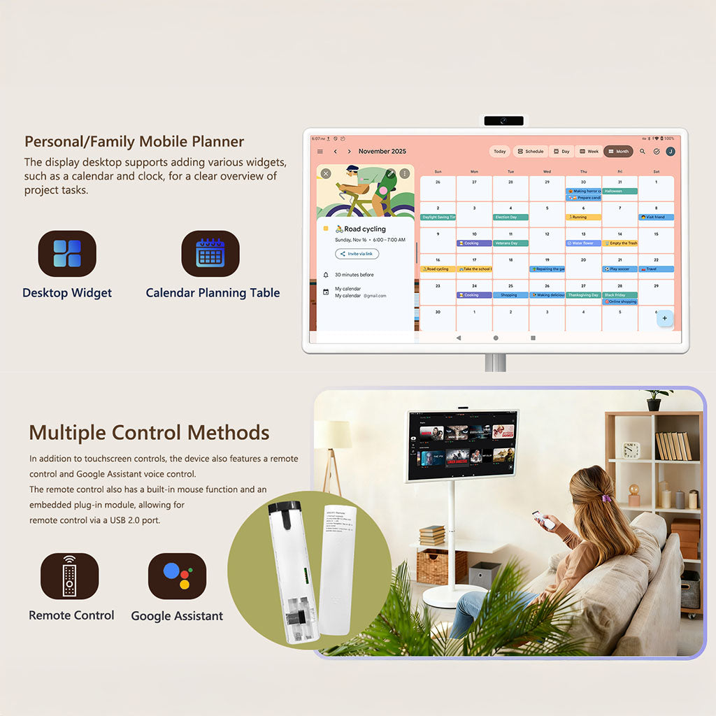 32-Inch Portable Smart TV on Wheels – 1080P Touchscreen Display, Android 15, 8GB RAM + 128GB Storage, Built-in Webcam and Speakers