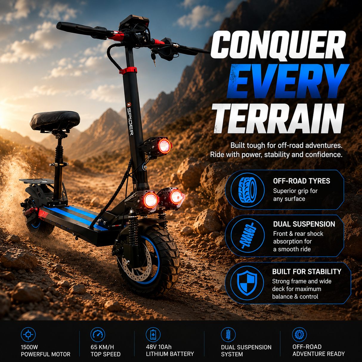 48V Foldable Electric Scooter for Adults with Removable Seat, Dual Suspension, Off Road Tires