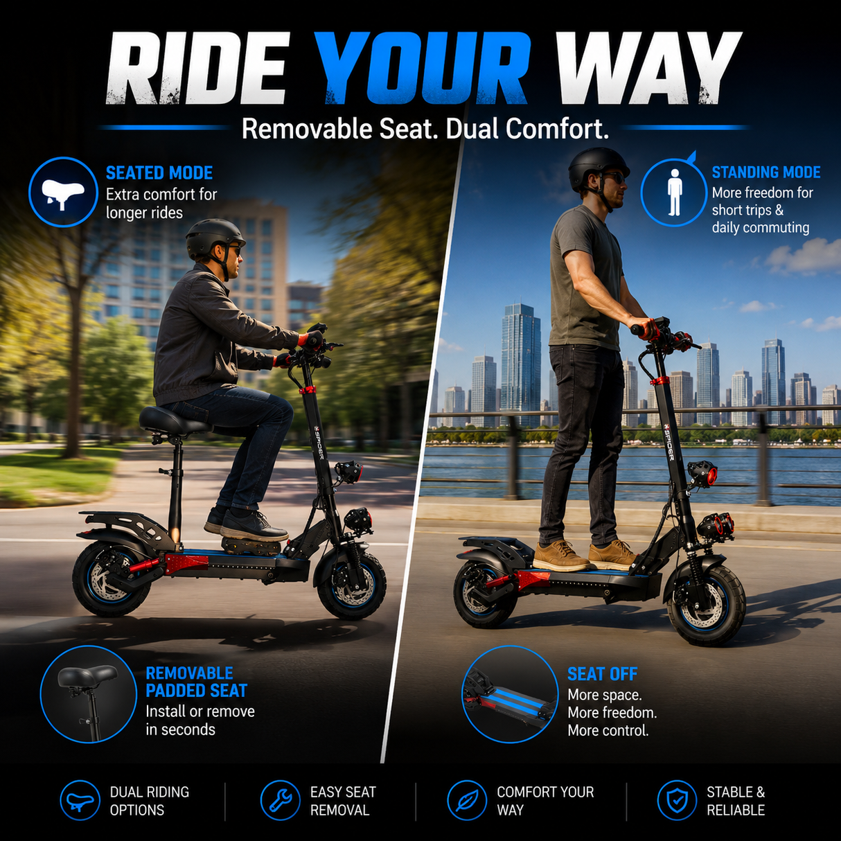 48V Foldable Electric Scooter for Adults with Removable Seat, Dual Suspension, Off Road Tires