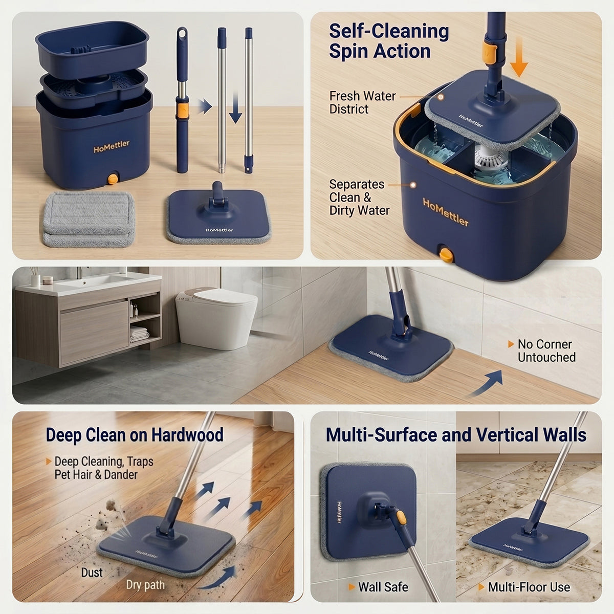 Self-Cleaning Square Spin Mop and Bucket with Clean & Dirty Water Separation for Dog & Cat Pet Hair Cleaning by Homettler