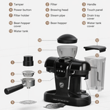 Semi-Automatic Espresso Coffee Maker – Built-in Grinder and Brewer All-in-One, 19 Bar High-Pressure Extraction by iCafilas