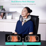 Shiatsu Neck & Shoulder Massager with Heat – Cordless Deep Tissue Relief by SKG showing usage in office with wearing methods.