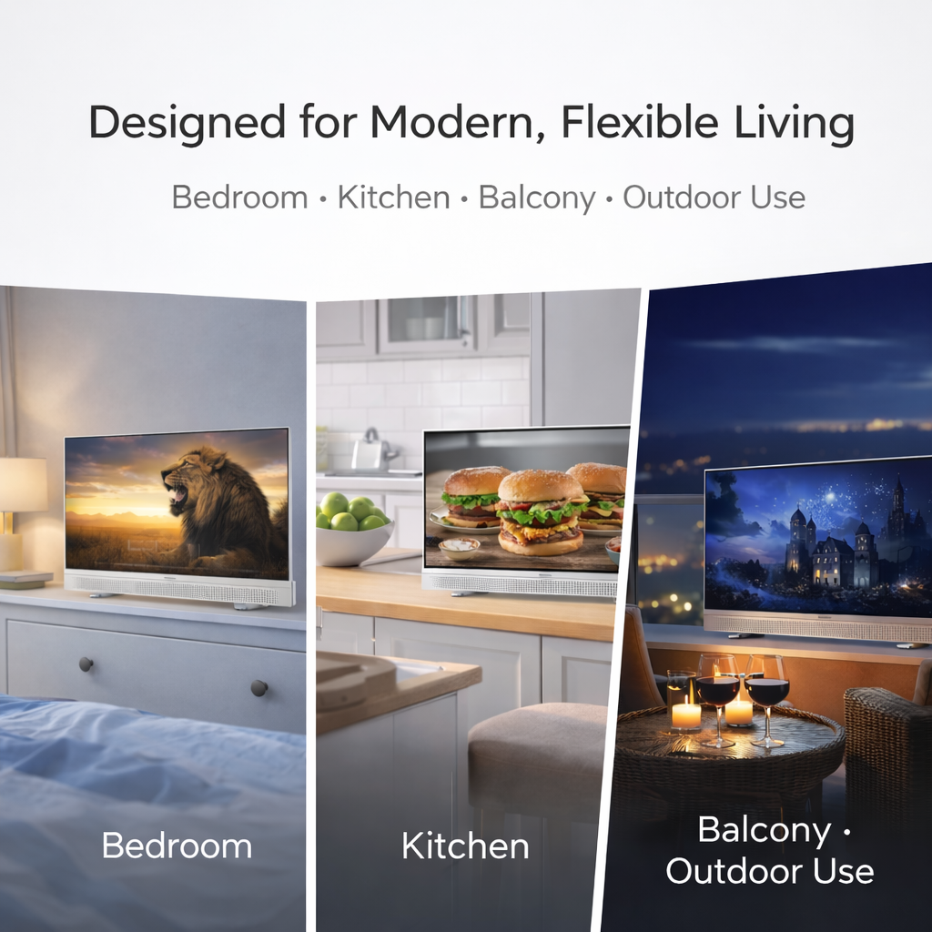 Smart TV display in various settings including bedroom, kitchen, balcony, and outdoor.