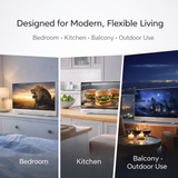 Smart TV display in various settings including bedroom, kitchen, balcony, and outdoor.