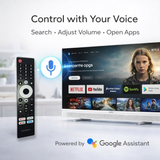 Smart TV with Google Assistant interface and remote control on a blurred background Portable Android TV and power bank combo, saska, saska.ae