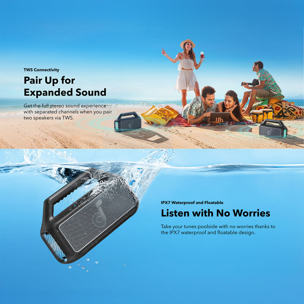 سماعة بلوتوث خارجية Boom 2، مقاومة للماء وقابلة للطفو، إضاءة RGB من Soundcore by Anker