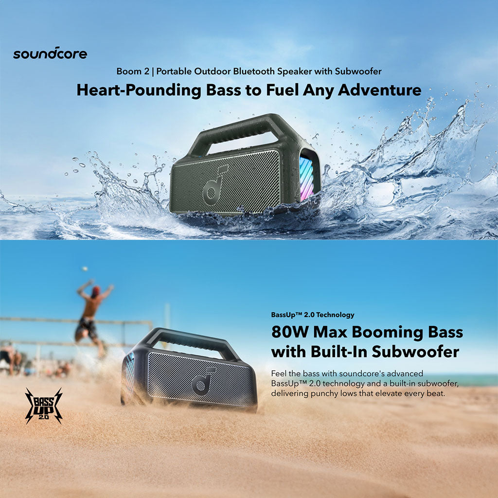 سماعة بلوتوث خارجية Boom 2، مقاومة للماء وقابلة للطفو، إضاءة RGB من Soundcore by Anker