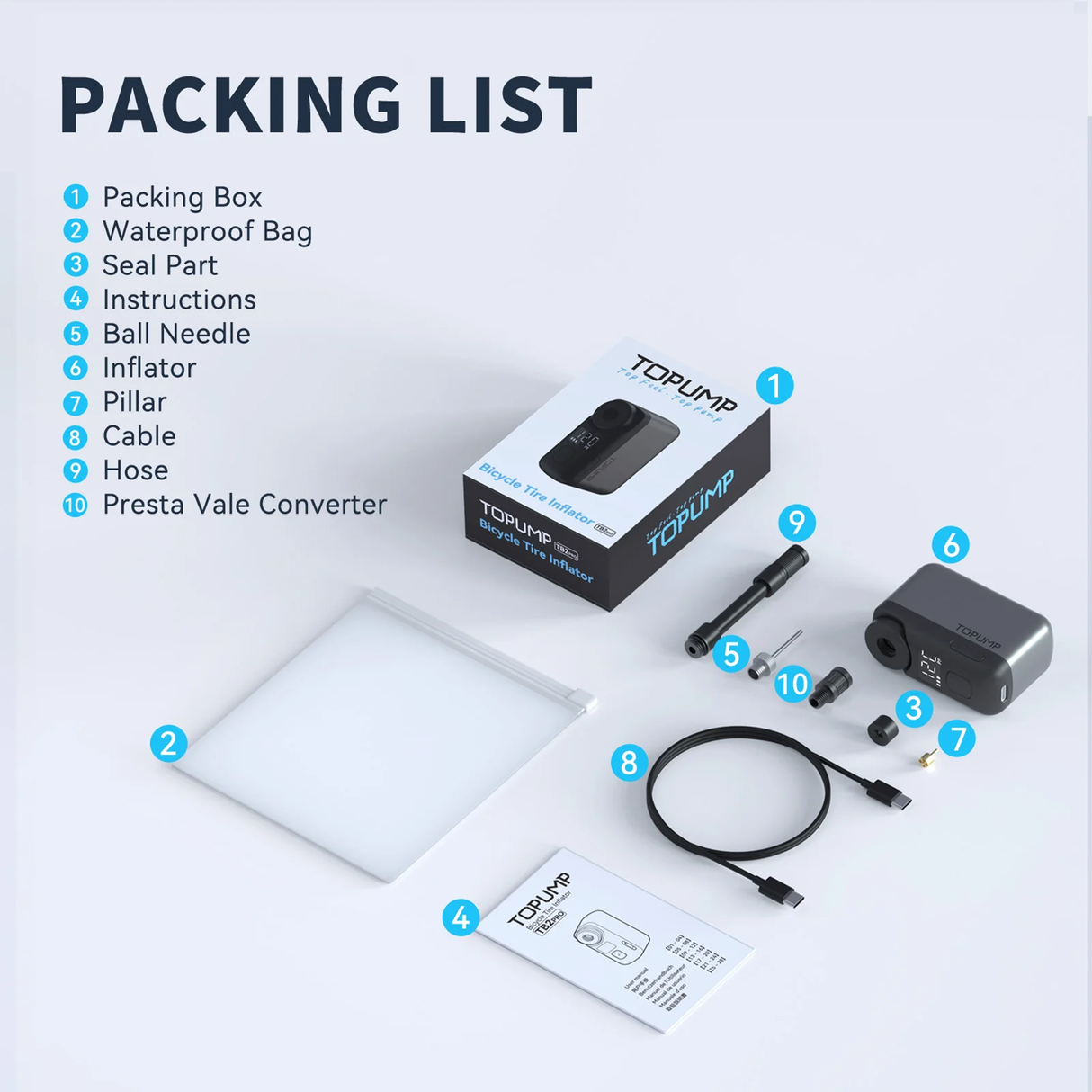 TB2 Pro Mini Electric Bike Pump – 120 PSI USB-C Rechargeable Tire Inflator by TOPUMP