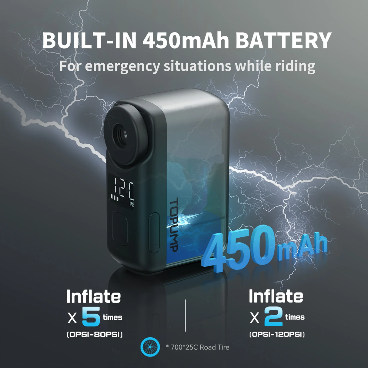 TB2 Pro Mini Electric Bike Pump – 120 PSI USB-C Rechargeable Tire Inflator by TOPUMP