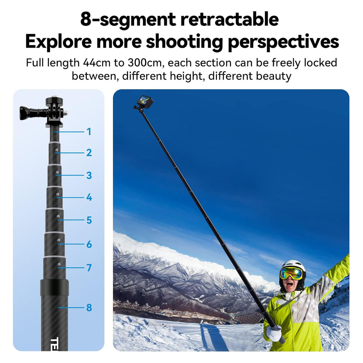 عصا سيلفي فائقة الطول من ألياف الكربون بطول 3 أمتار للكاميرات الرياضية والهواتف (الجيل الثالث) من TELESIN