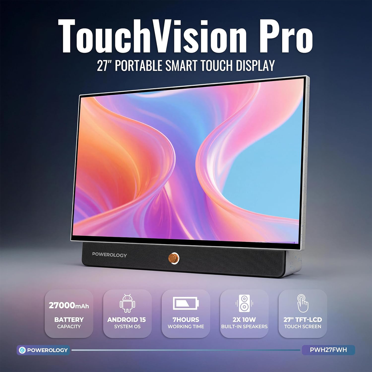 شاشة TouchVision Pro الذكية المحمولة 27 بوصة مع حقيبة حمل – نظام Android، بطارية 27000mAh، دقة FHD، WiFi وBluetooth من Powerology