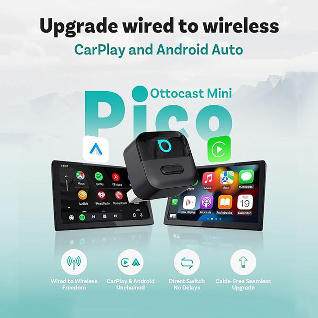 محول Mini Pico اللاسلكي 2 في 1 لـ CarPlay وAndroid Auto مع إعادة اتصال تلقائية سريعة وتشغيل بالتوصيل المباشر من Ottocast