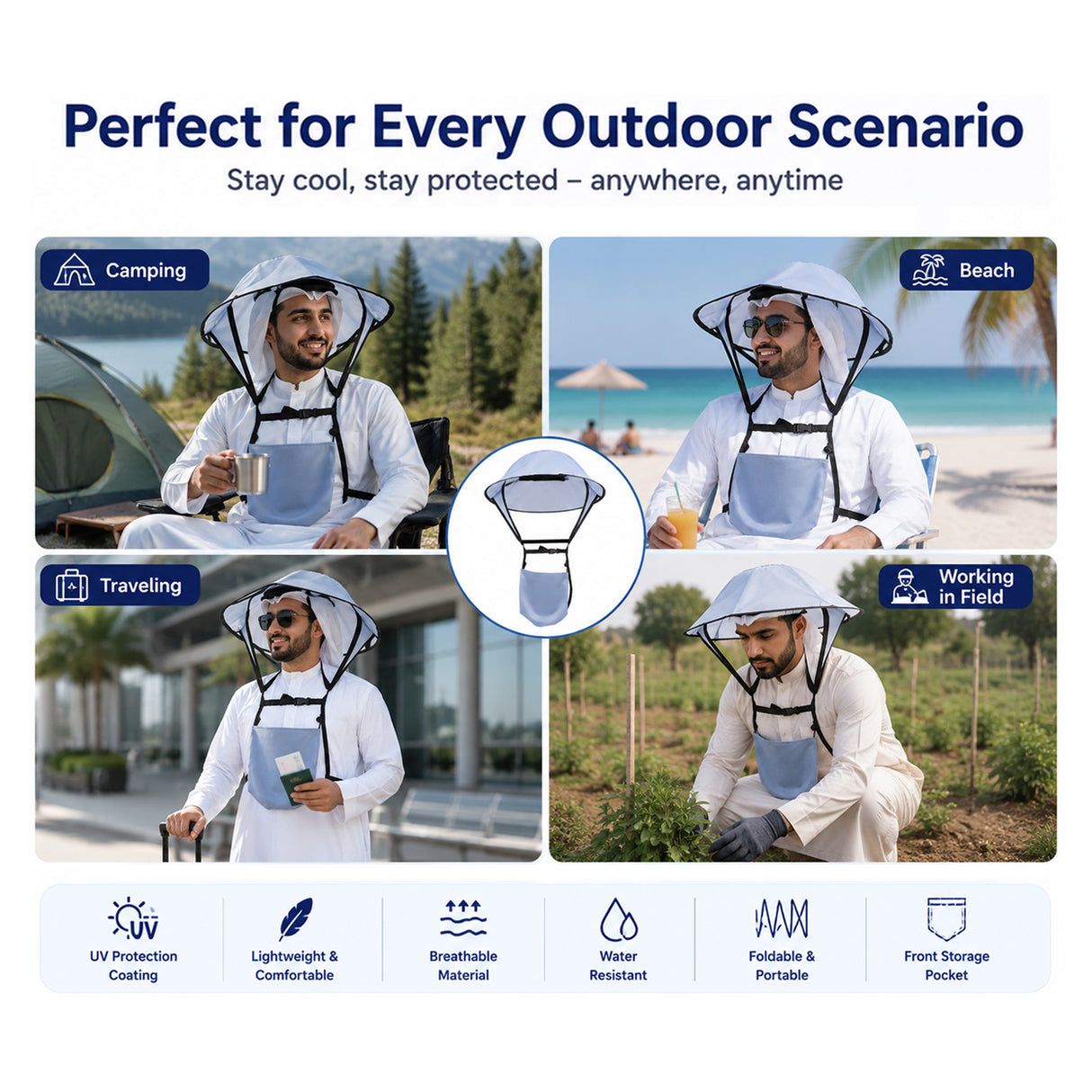 Handsfree UV Protection Umbrella Hat for Outdoor Camping, Beach & Hajj – Foldable Waterproof Sun Hat with Storage Bag for Men & Women