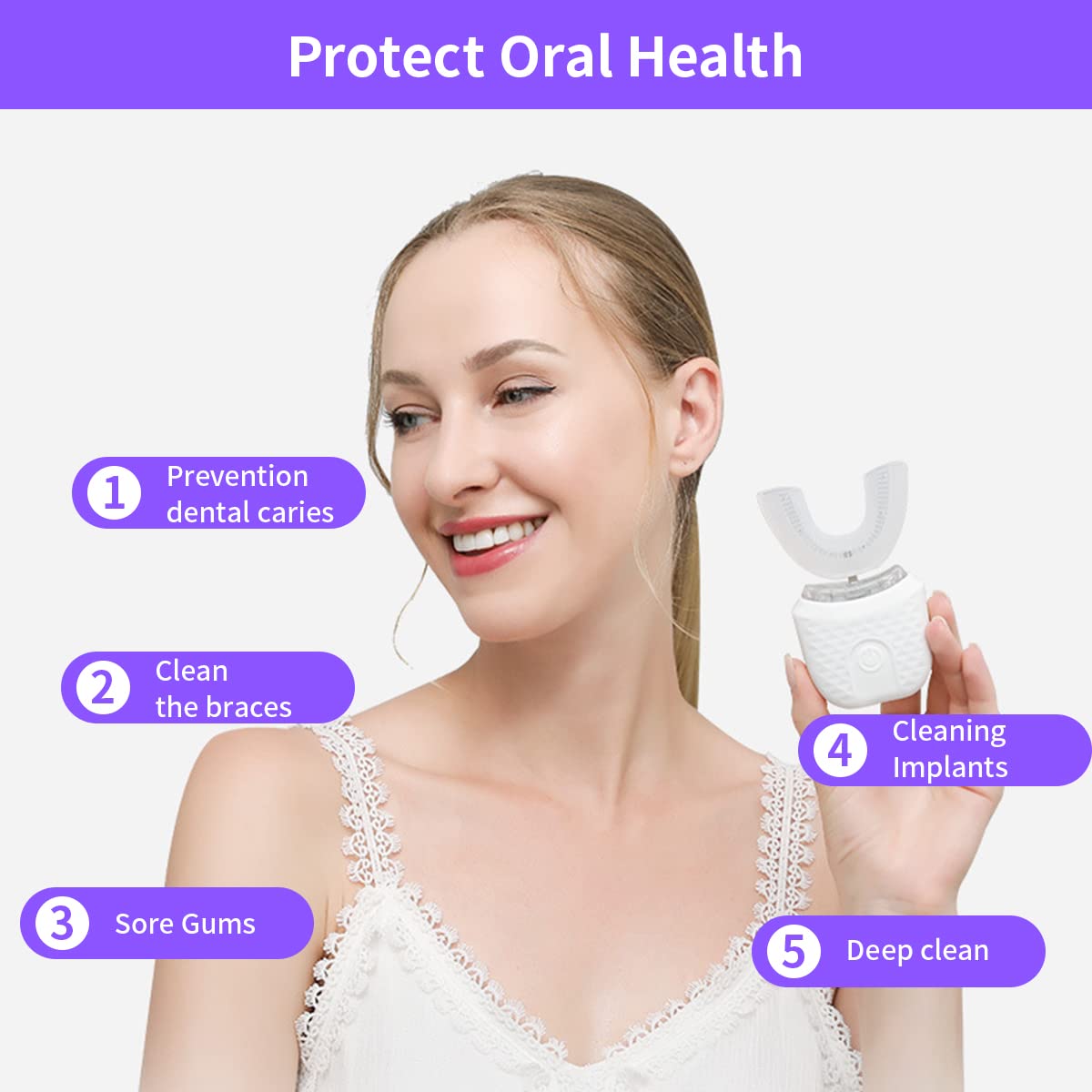 فرشاة أسنان كهربائية على شكل حرف U تعمل بالموجات فوق الصوتية للبالغين، معجلة لتبييض الأسنان، منظفة للأسنان