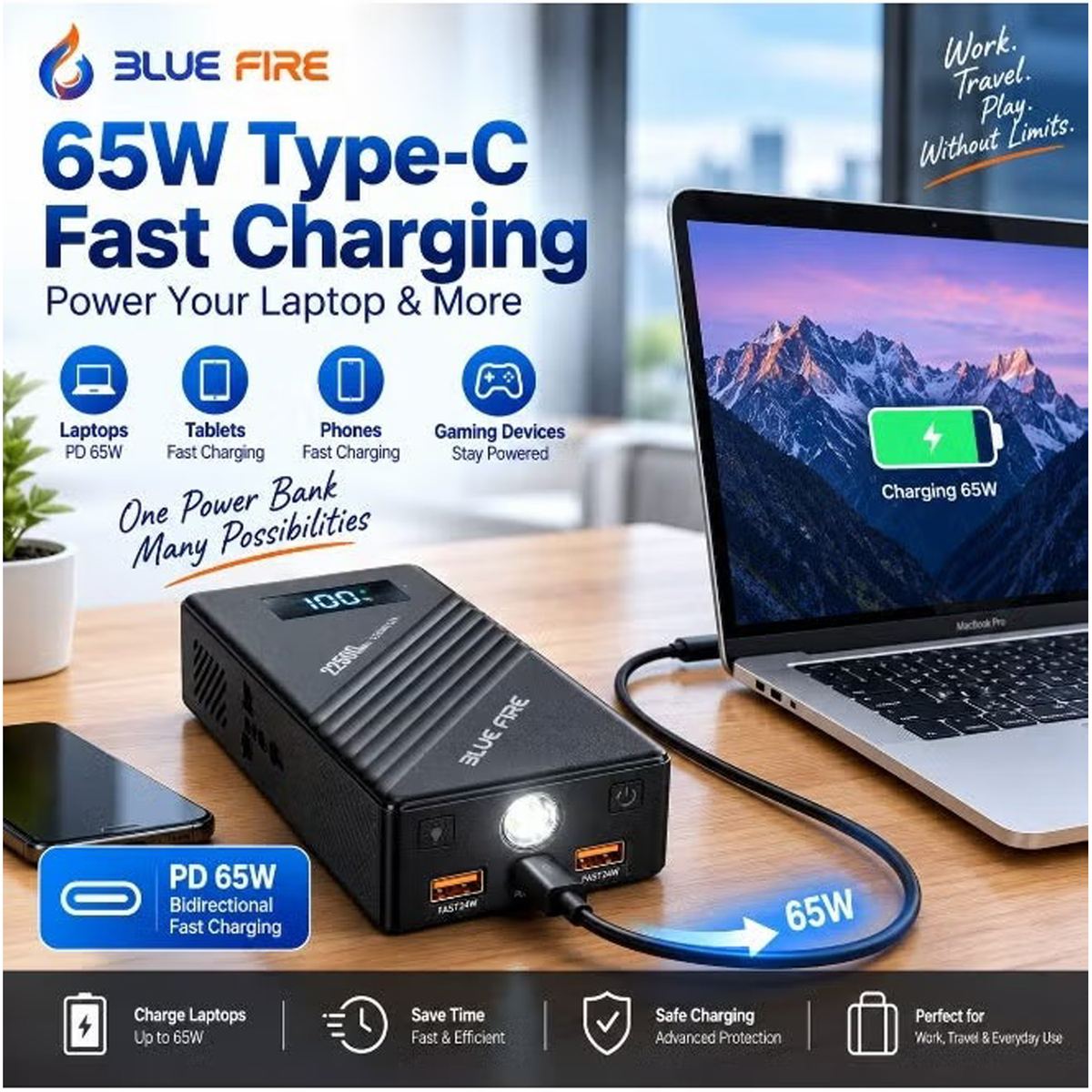 باور بانك محمول بسعة 22500mAh وقدرة تشغيل 150W وذروة 300W وشحن سريع ثنائي الاتجاه 65W و4 منافذ ومصباح LED SOS من Blue Fire