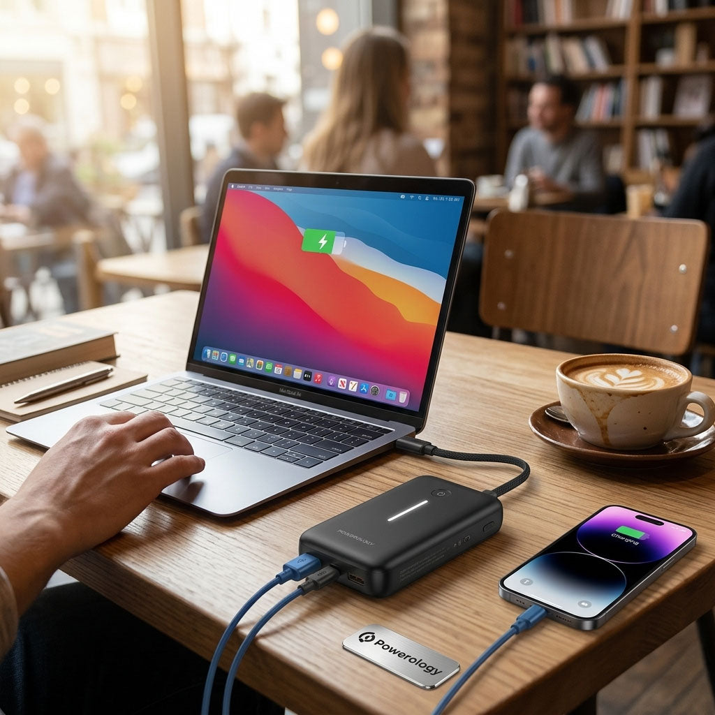 باور بانك بسعة 20000 مللي أمبير مع كابل USB-C مدمج، شحن سريع – شاحن محمول مدمج عالي السعة لثلاثة أجهزة من Powerology