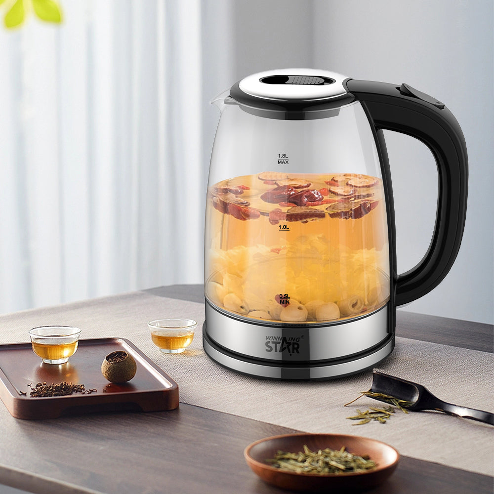 1.8L Glass Electric Kettle 1500W, Fast Boil Water Kettle with LED Light, Auto Shut-Off & Boil-Dry Protection by Winning Star