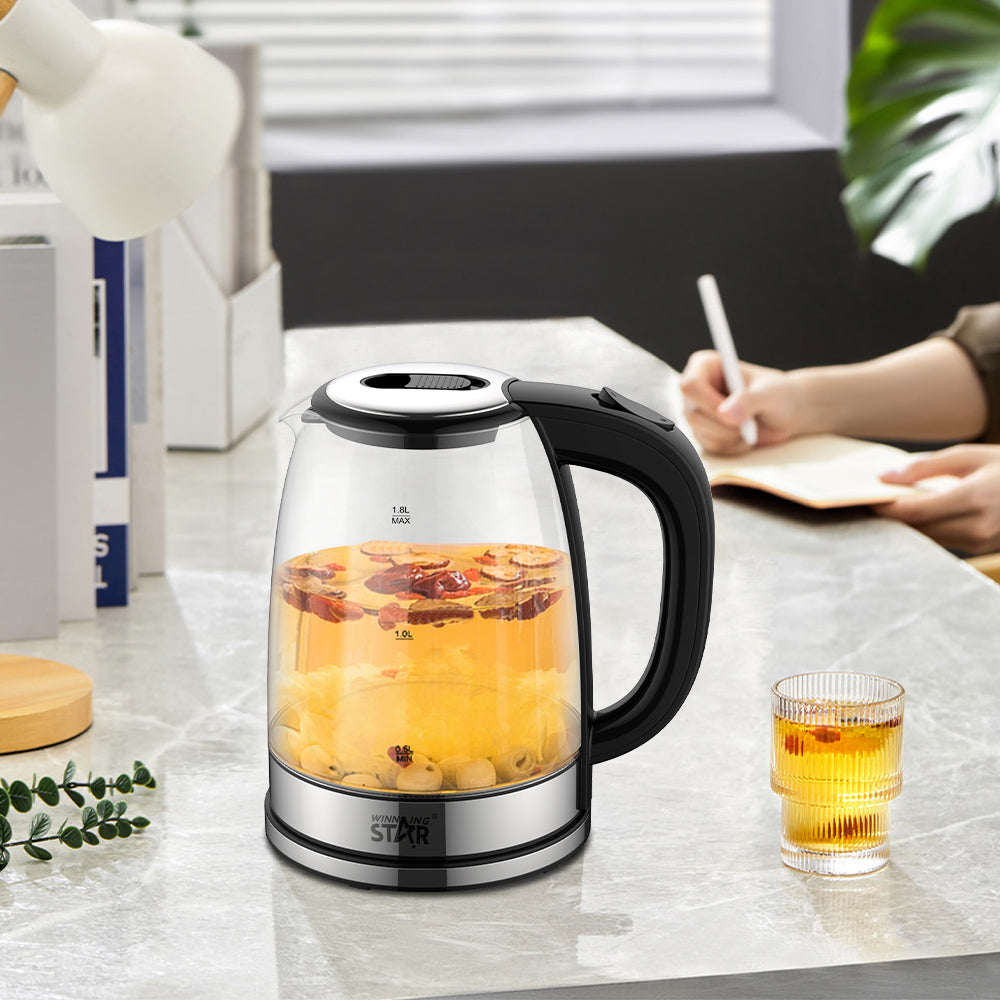 1.8L Glass Electric Kettle 1500W, Fast Boil Water Kettle with LED Light, Auto Shut-Off & Boil-Dry Protection by Winning Star