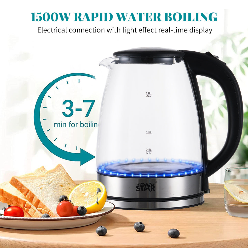 1.8L Glass Electric Kettle 1500W, Fast Boil Water Kettle with LED Light, Auto Shut-Off & Boil-Dry Protection by Winning Star