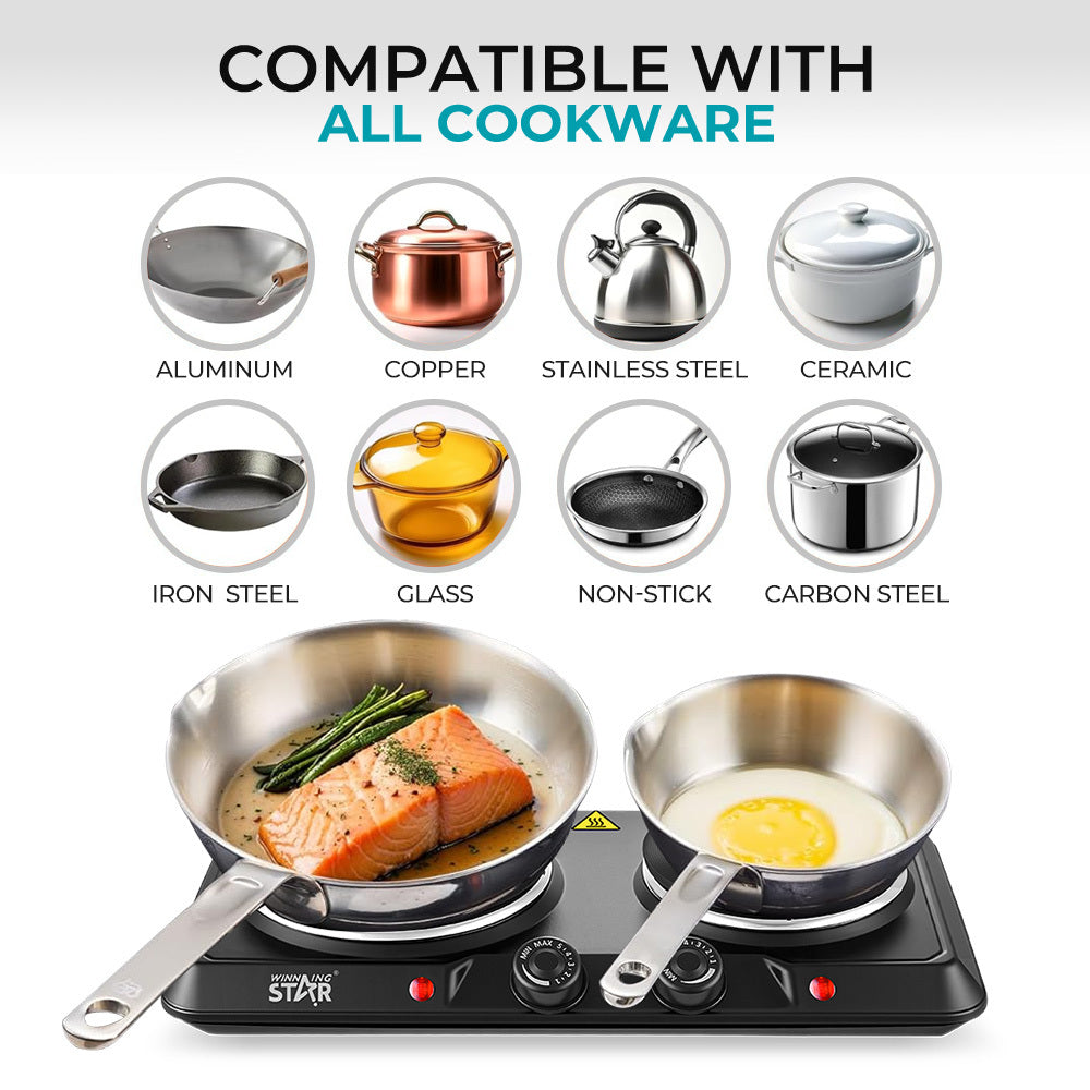 Double Electric Hot Plate 2500W (1500W + 1000W), Dual Burner Portable Electric Cooker with Adjustable Temperature Control by Winning Star